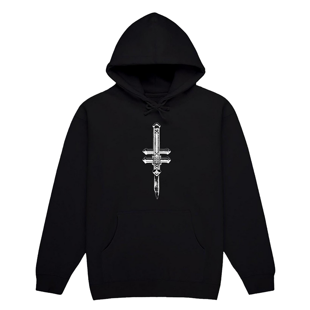 A classic black pullover hoodie with custom artwork from Falling in Reverse.
