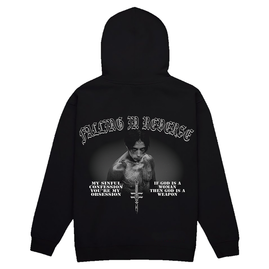 A classic black pullover hoodie with custom artwork from Falling in Reverse.
