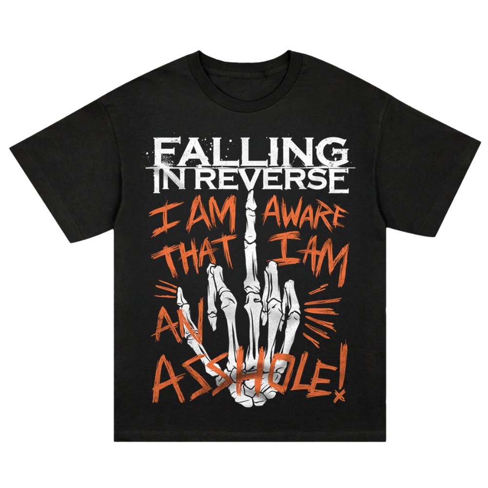 Black t-shirt with 'Falling in Reverse' graphic and text in orange and white