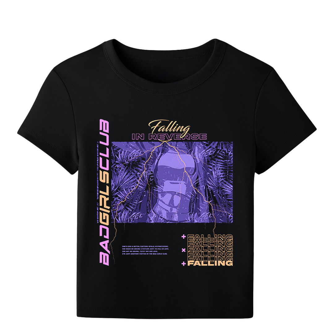Women's black crop t-shirt with 'Falling in Reverse' graphic design and text in purple