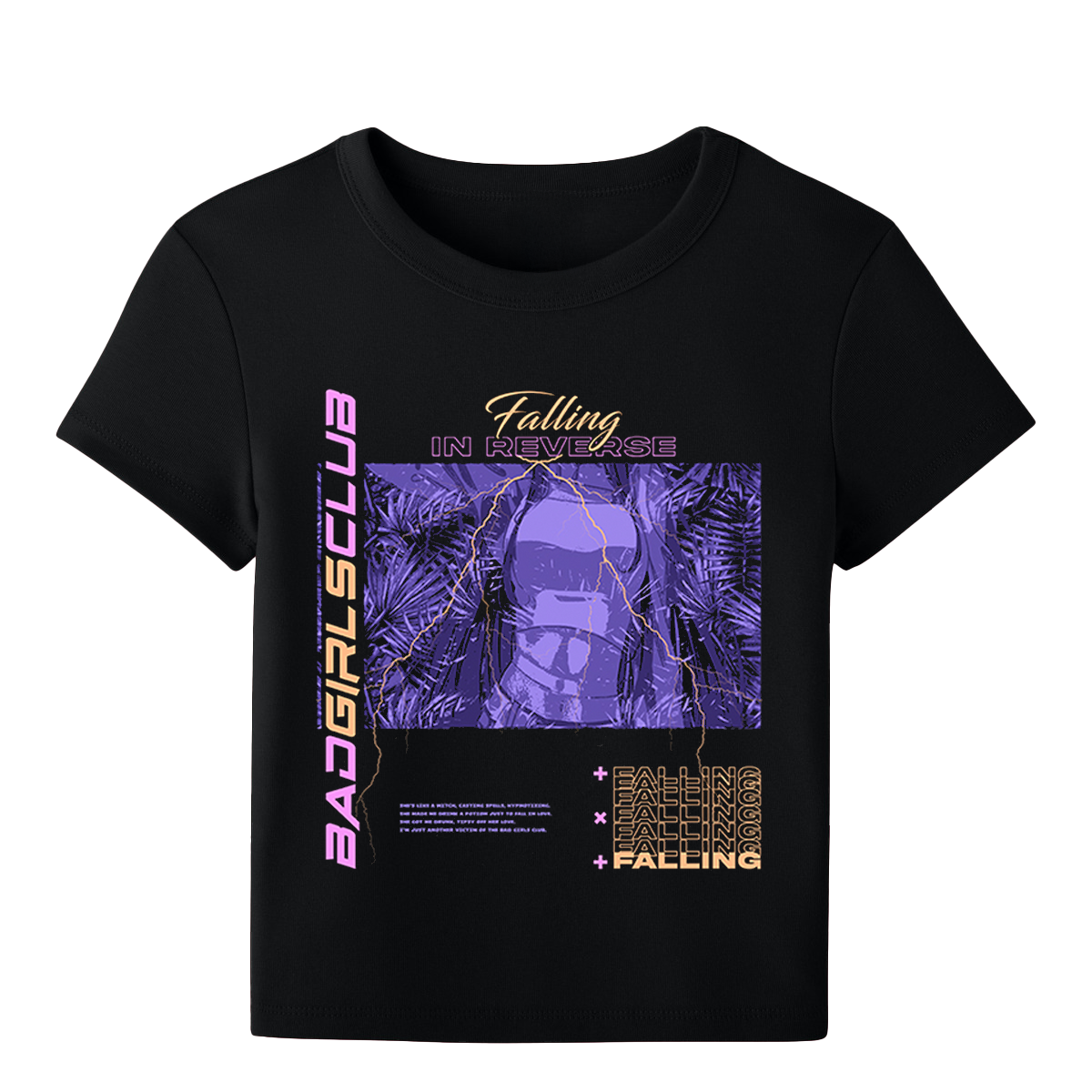 Women's black crop t-shirt with 'Falling in Reverse' graphic design and text in purple