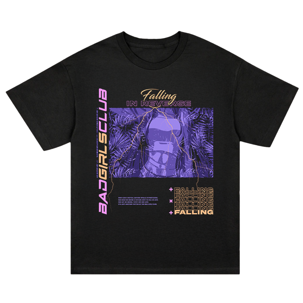 Black t-shirt with 'Falling in Reverse' graphic design and text in purple