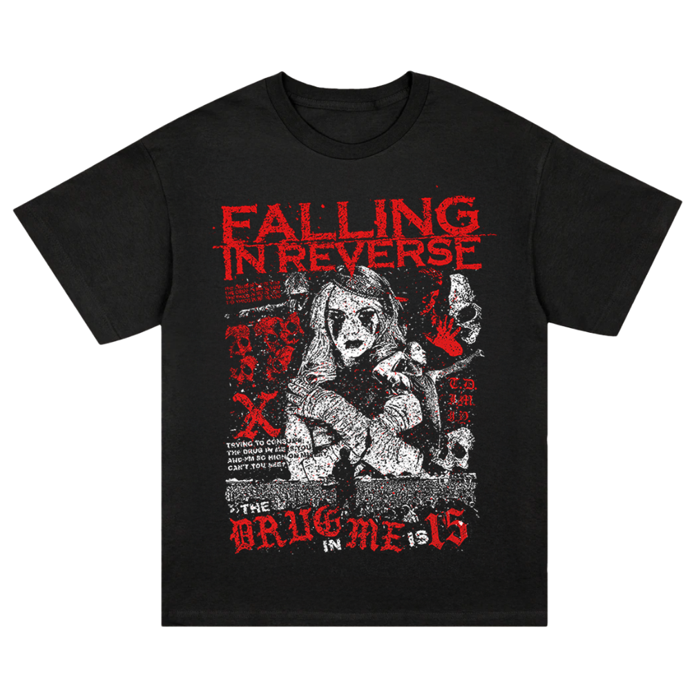 Black t-shirt with 'Falling in Reverse' graphic design in red and white