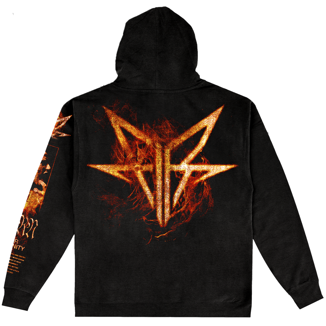 A black pullover hoodie featuring a large fiery orange Falling in Reverse graphic print on the front, back, and sleeve.
