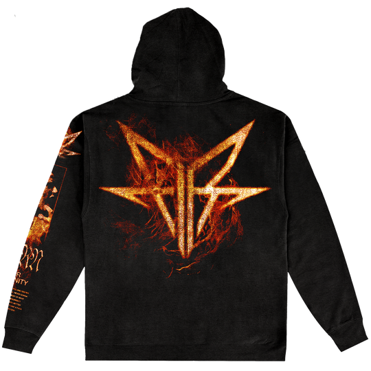 A black pullover hoodie featuring a large fiery orange Falling in Reverse graphic print on the front, back, and sleeve.