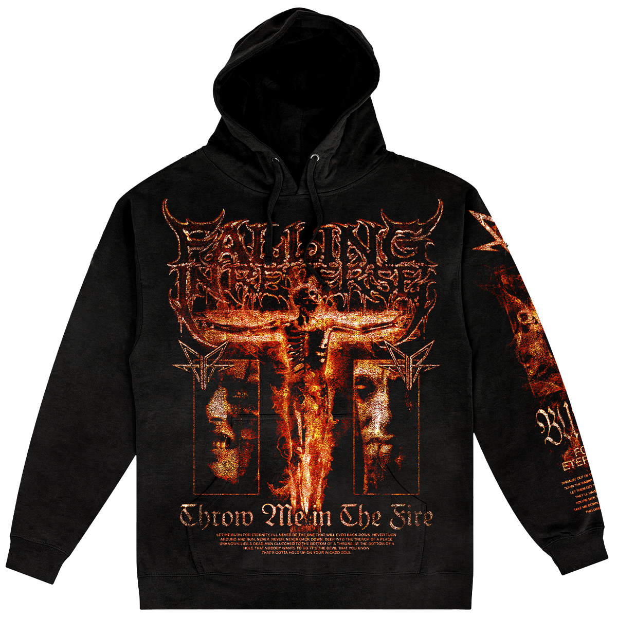 A black pullover hoodie featuring a large fiery orange Falling in Reverse graphic print on the front, back, and sleeve.