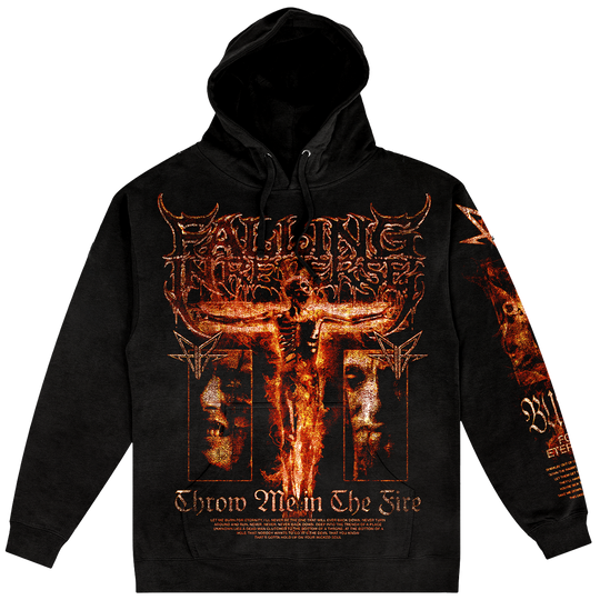 A black pullover hoodie featuring a large fiery orange Falling in Reverse graphic print on the front, back, and sleeve.
