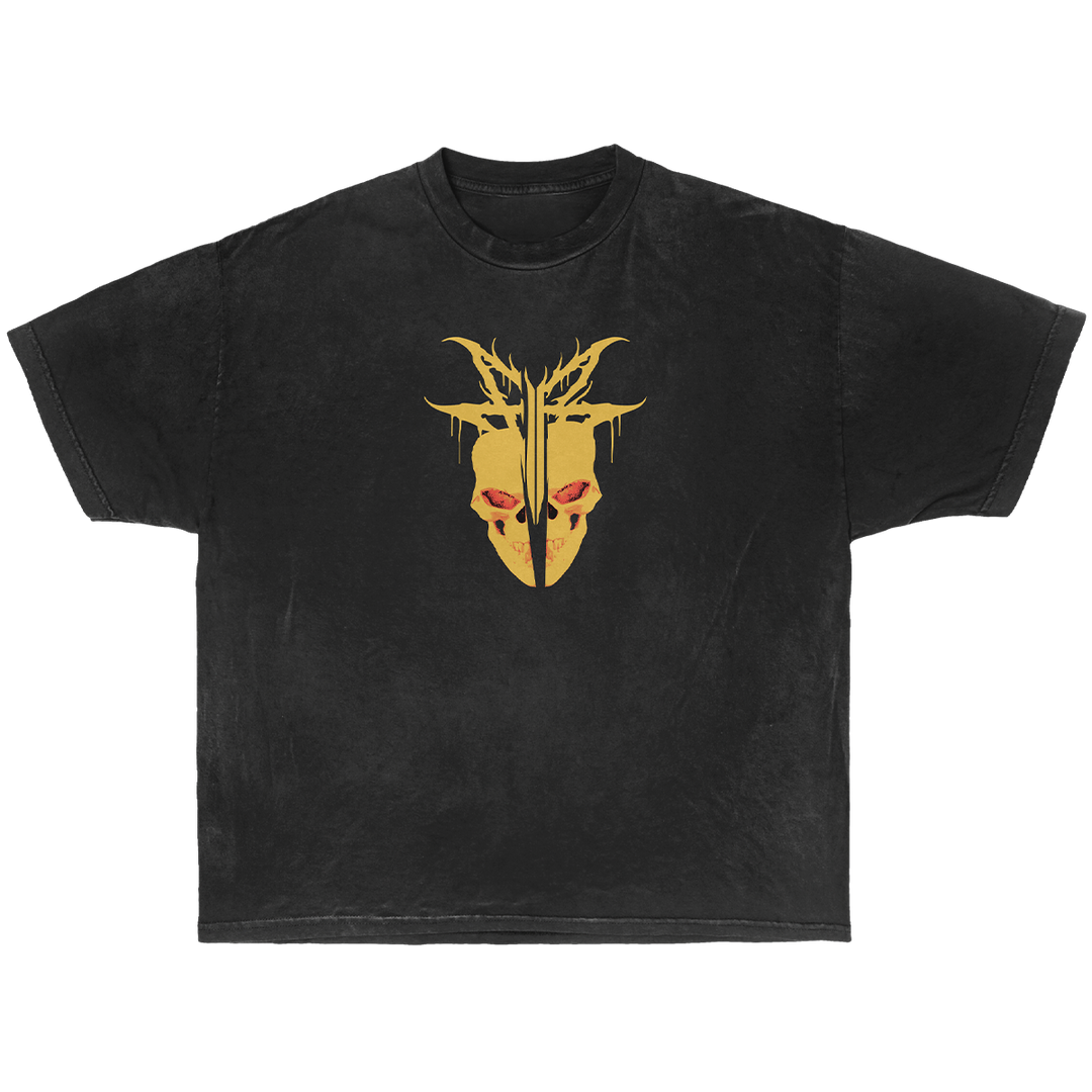 A black short-sleeve t-shirt with a central graphic of a split yellow mask with red eyes and horn-like details.