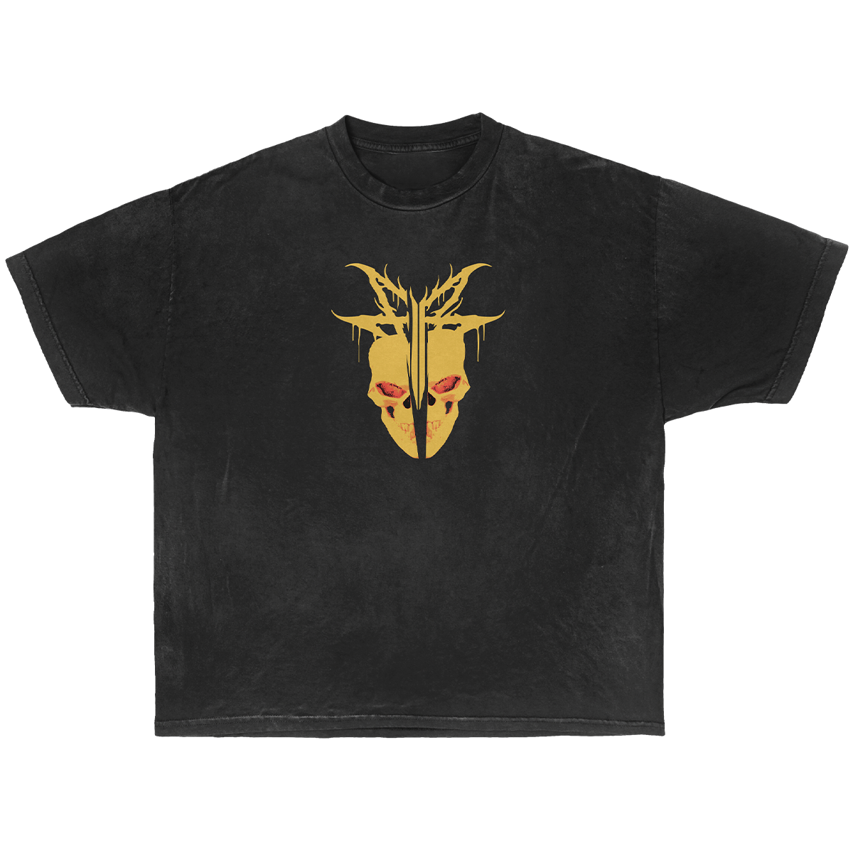 A black short-sleeve t-shirt with a central graphic of a split yellow mask with red eyes and horn-like details.