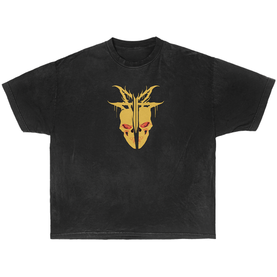 A black short-sleeve t-shirt with a central graphic of a split yellow mask with red eyes and horn-like details.