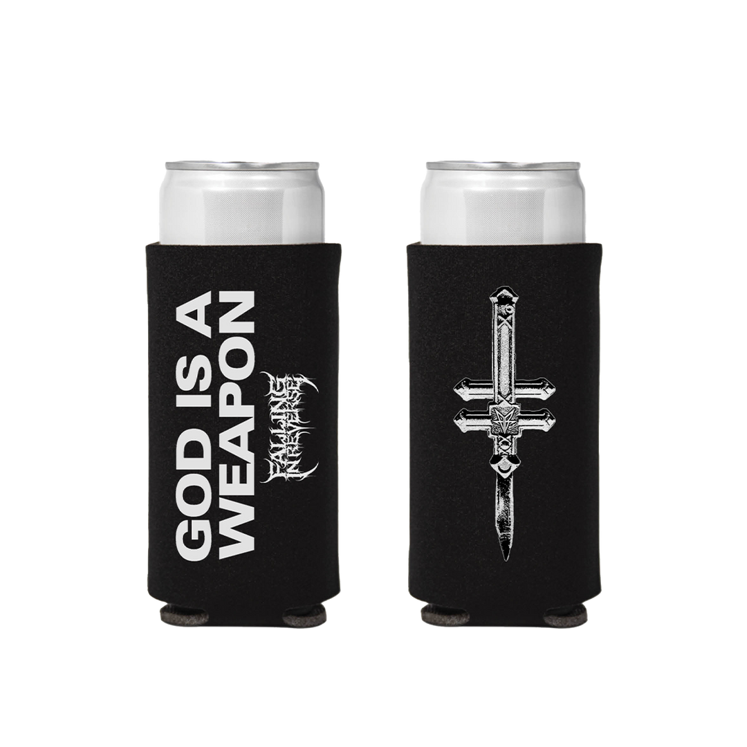 A black foam tallboy can cooler with custom God is a Weapon artwork, from Falling in Reverse.