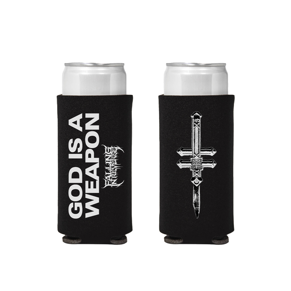 A black foam tallboy can cooler with custom God is a Weapon artwork, from Falling in Reverse.