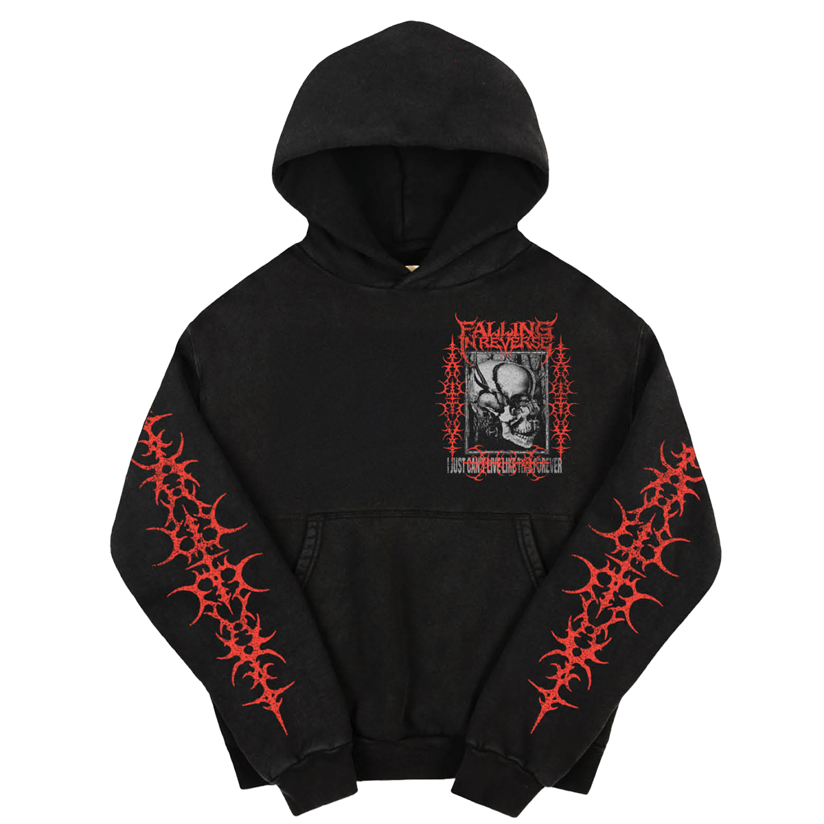 A classic black cotton hoodie with custom Falling in Reverse artwork on the front and along the sleeves.