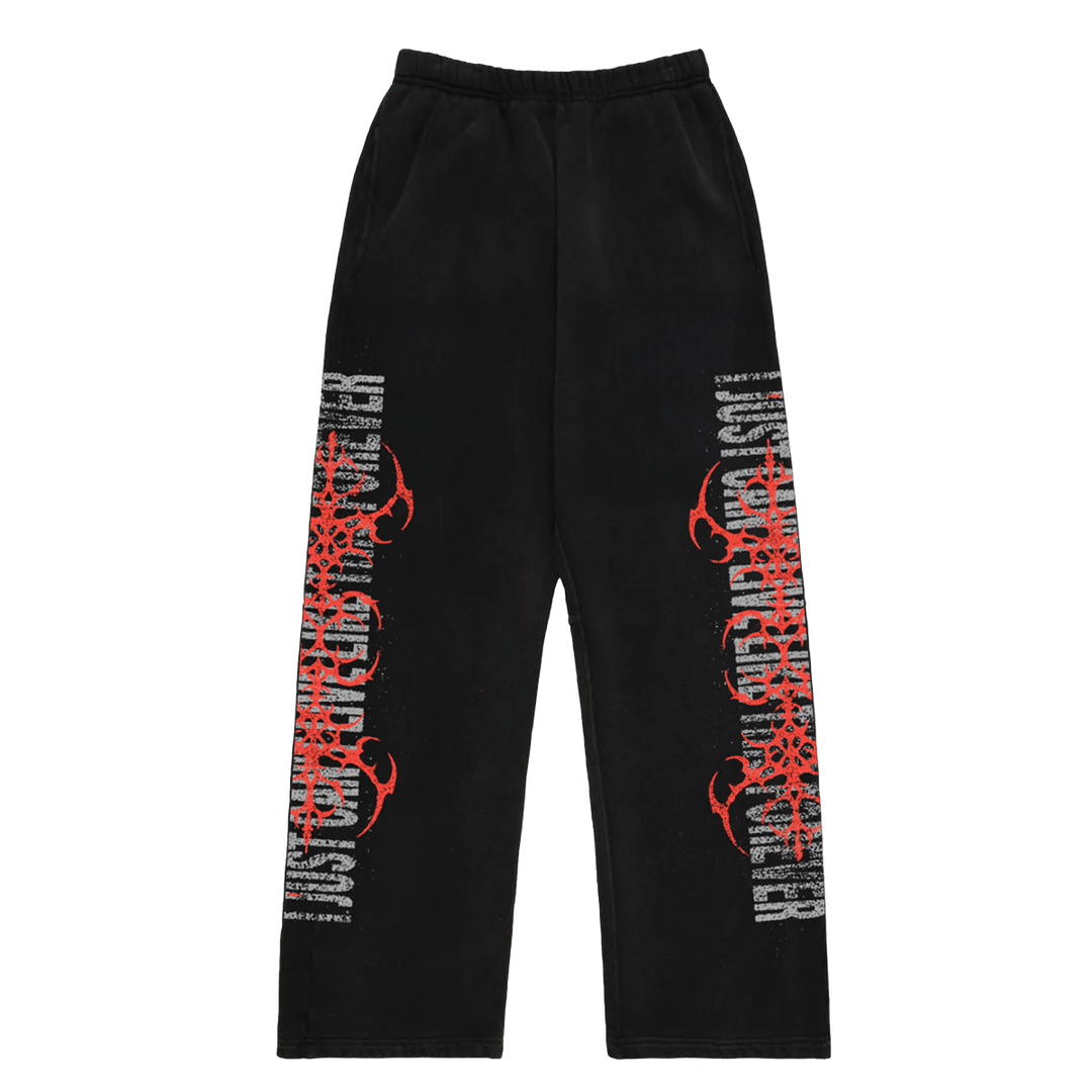 Classic black cotton wide leg sweatpants with custom Falling in Reverse artwork along the sides.