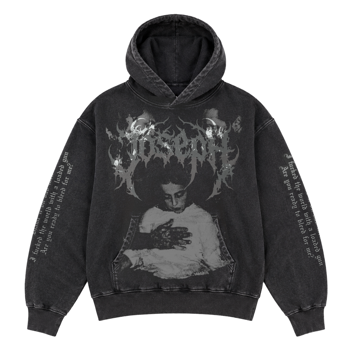 A washed black pullover hoodie featuring a large dark gray graphic print on the front with a stylized logo and an illustration of a person, shown against a plain white background.