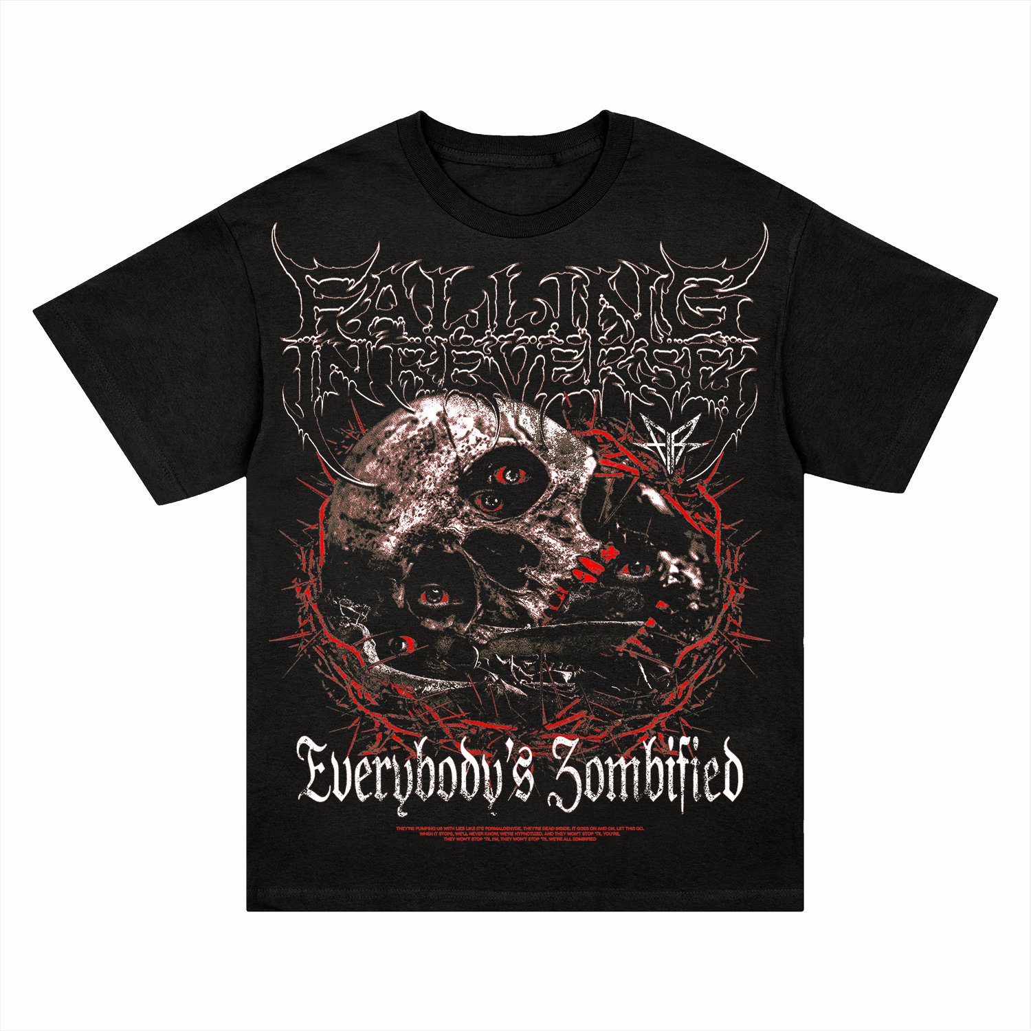 A boxy fit heavyweight cotton tee with custom Falling in Reverse artwork.