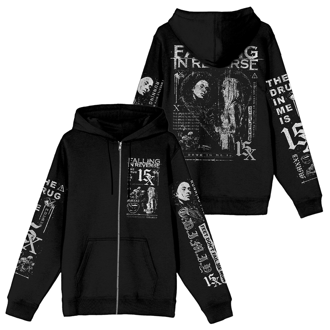 Black hoodie with graphic 'Falling in Reverse' designs on sleeves, back, and front pocket in white