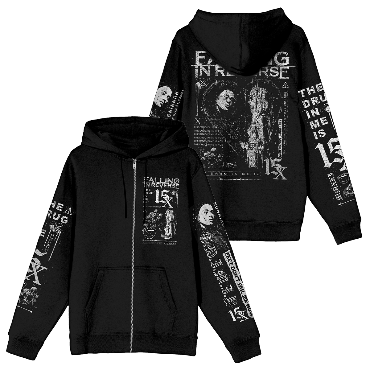 Black hoodie with graphic 'Falling in Reverse' designs on sleeves, back, and front pocket in white