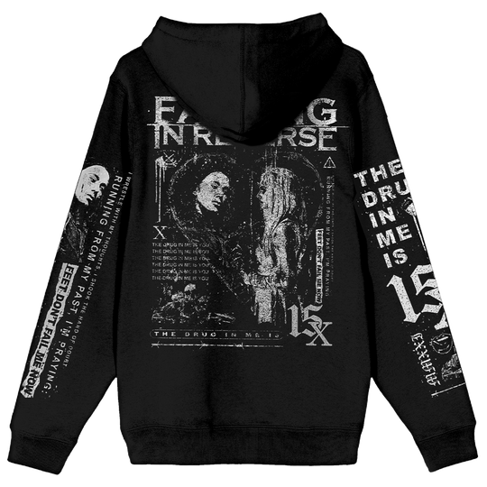 Black hoodie with graphic 'Falling in Reverse' designs on sleeves, back, and front pocket in white