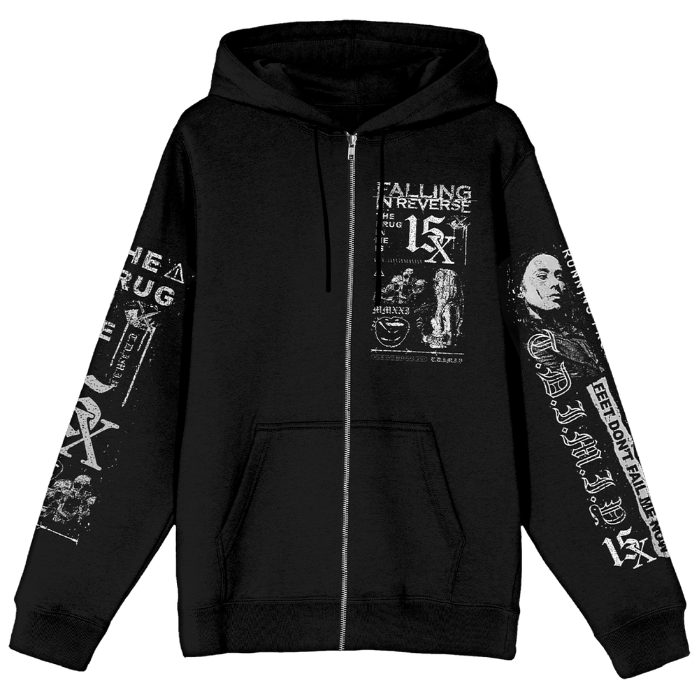 Black hoodie with graphic 'Falling in Reverse' designs on sleeves, back, and front pocket in white