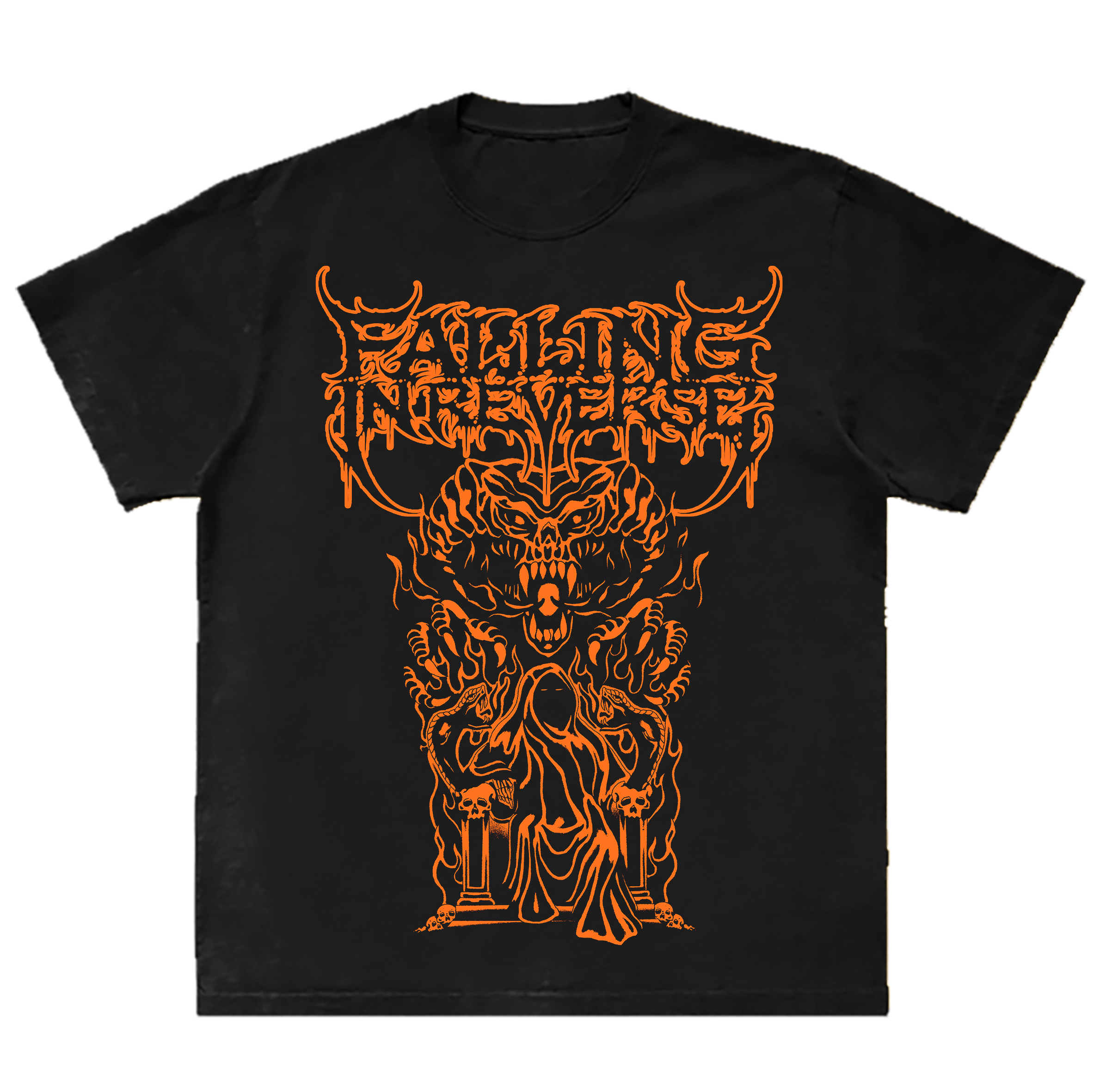 A black cotton tee with custom artwork from Falling in Reverse.