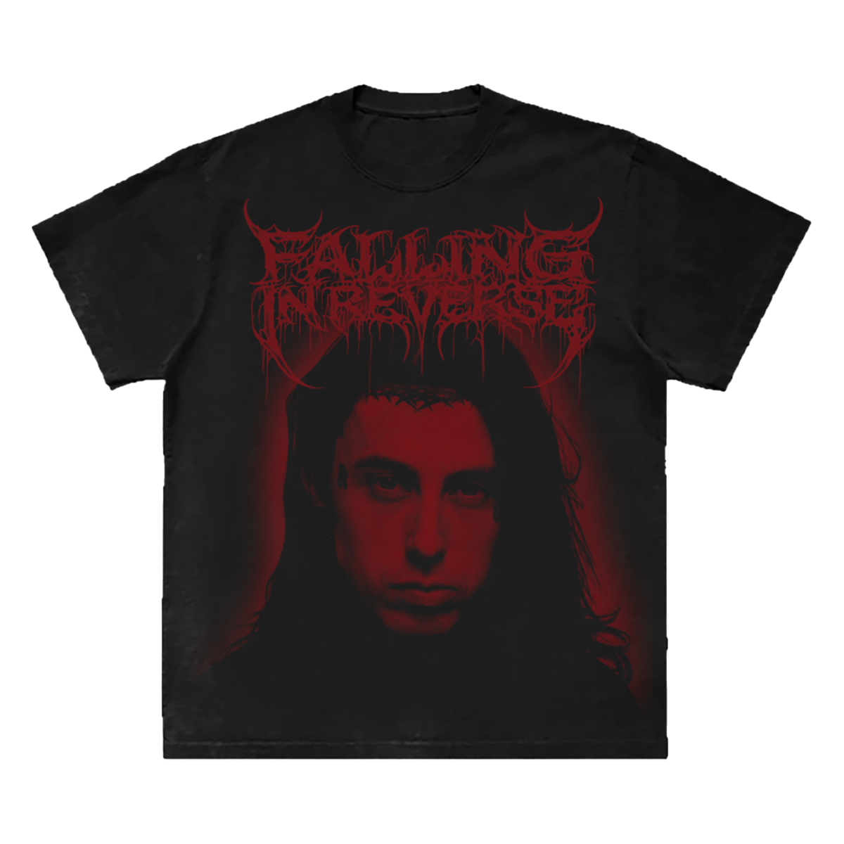 A black cotton tee with custom artwork from Falling in Reverse.