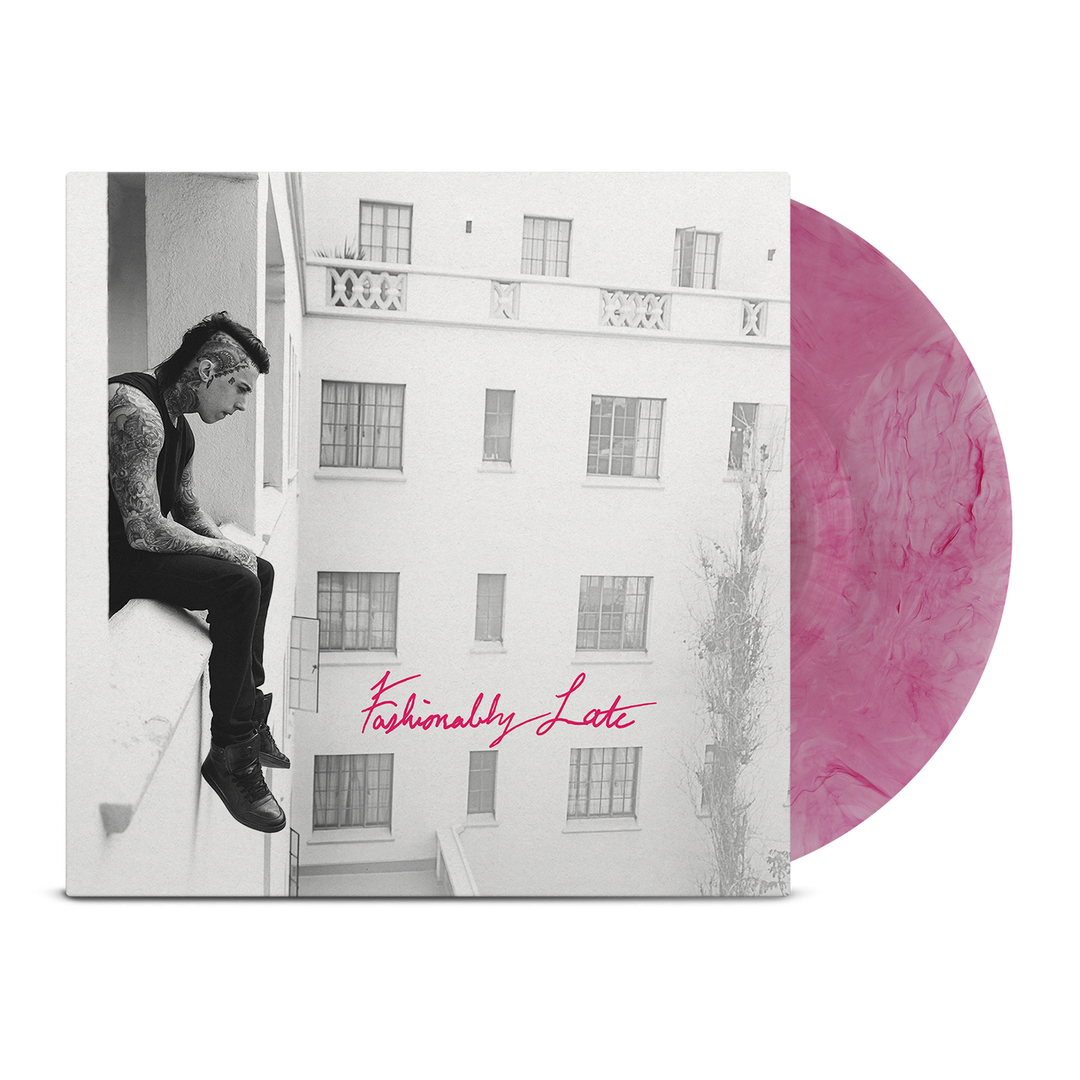 Falling in Reverse vinyl record, Fashionably Late, with a pink disc and cover featuring a black and white image of a person sitting on a ledge.