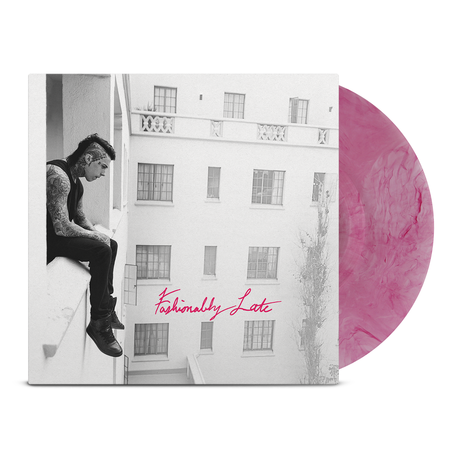 Falling in Reverse vinyl record, Fashionably Late, with a pink disc and cover featuring a black and white image of a person sitting on a ledge.