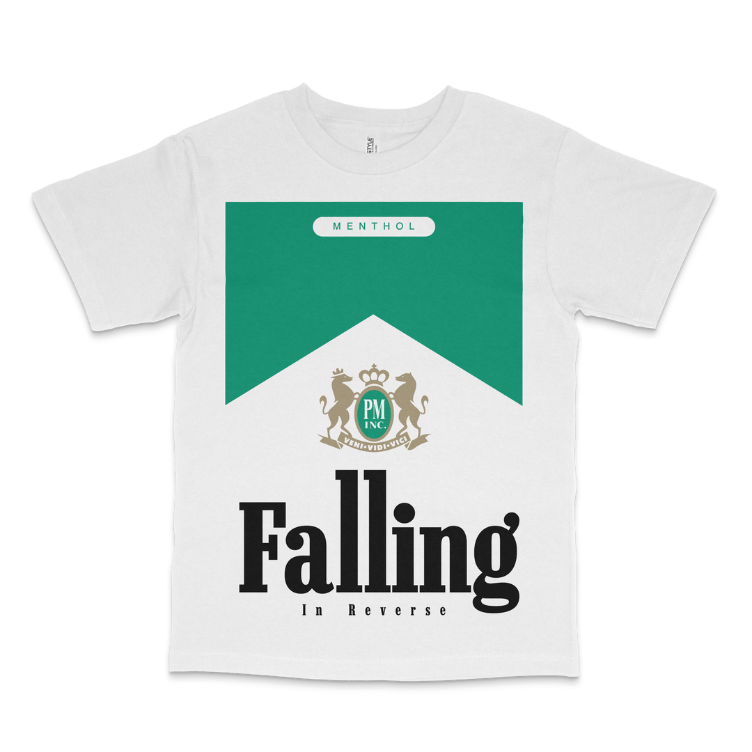 A white tee with Falling in Reverse artwork and logo on the front.