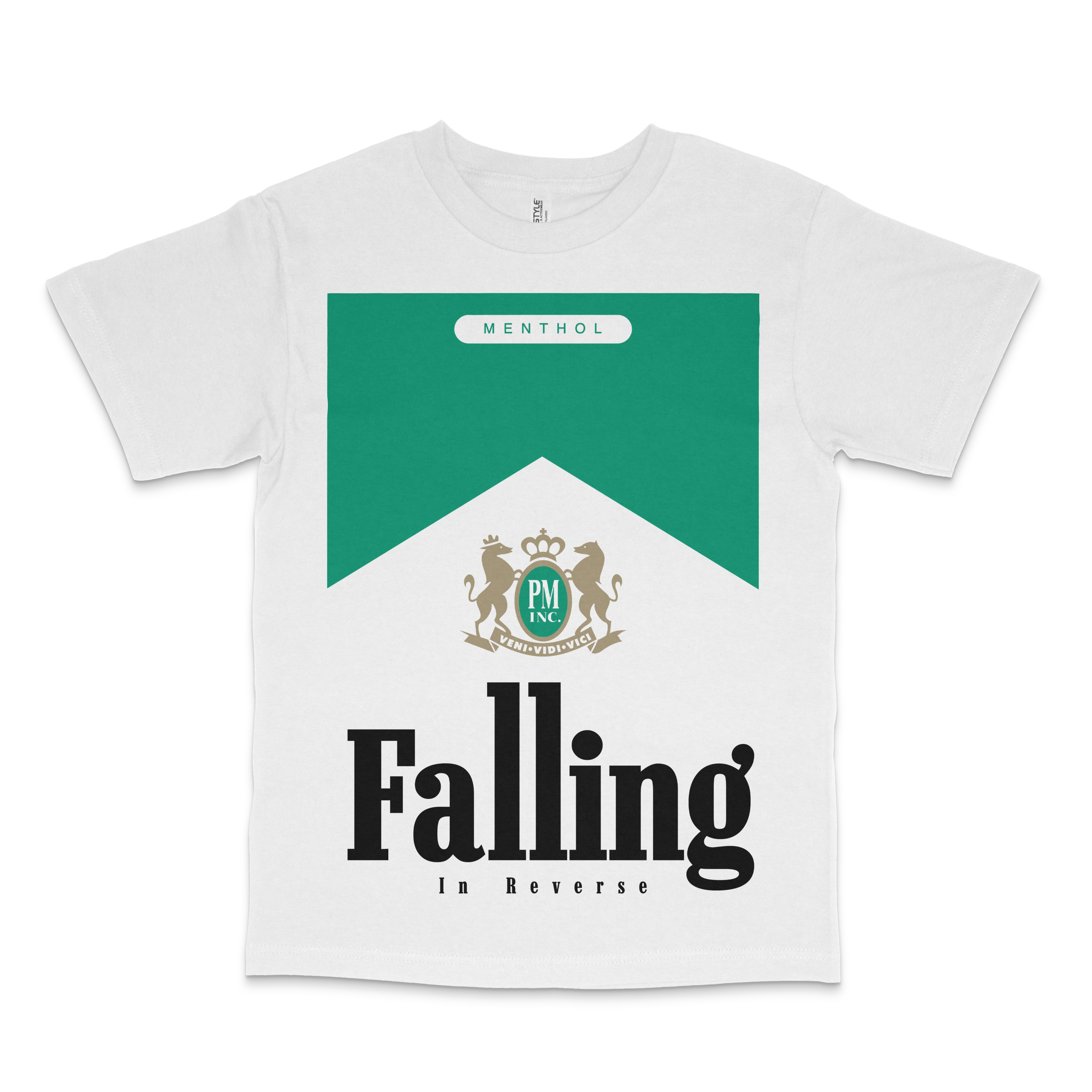 A white tee with Falling in Reverse artwork and logo on the front.
