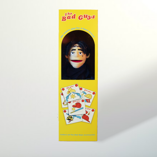 Yellow box packaging for 'The Bad Guys' with a character's face and game cards on a white background