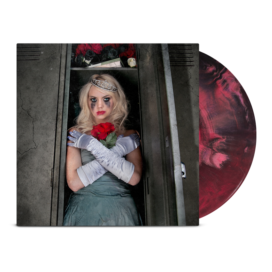Falling in Reverse vinyl record, The Drug In Me Is You, with a cover featuring a person in a costume holding a red rose.
