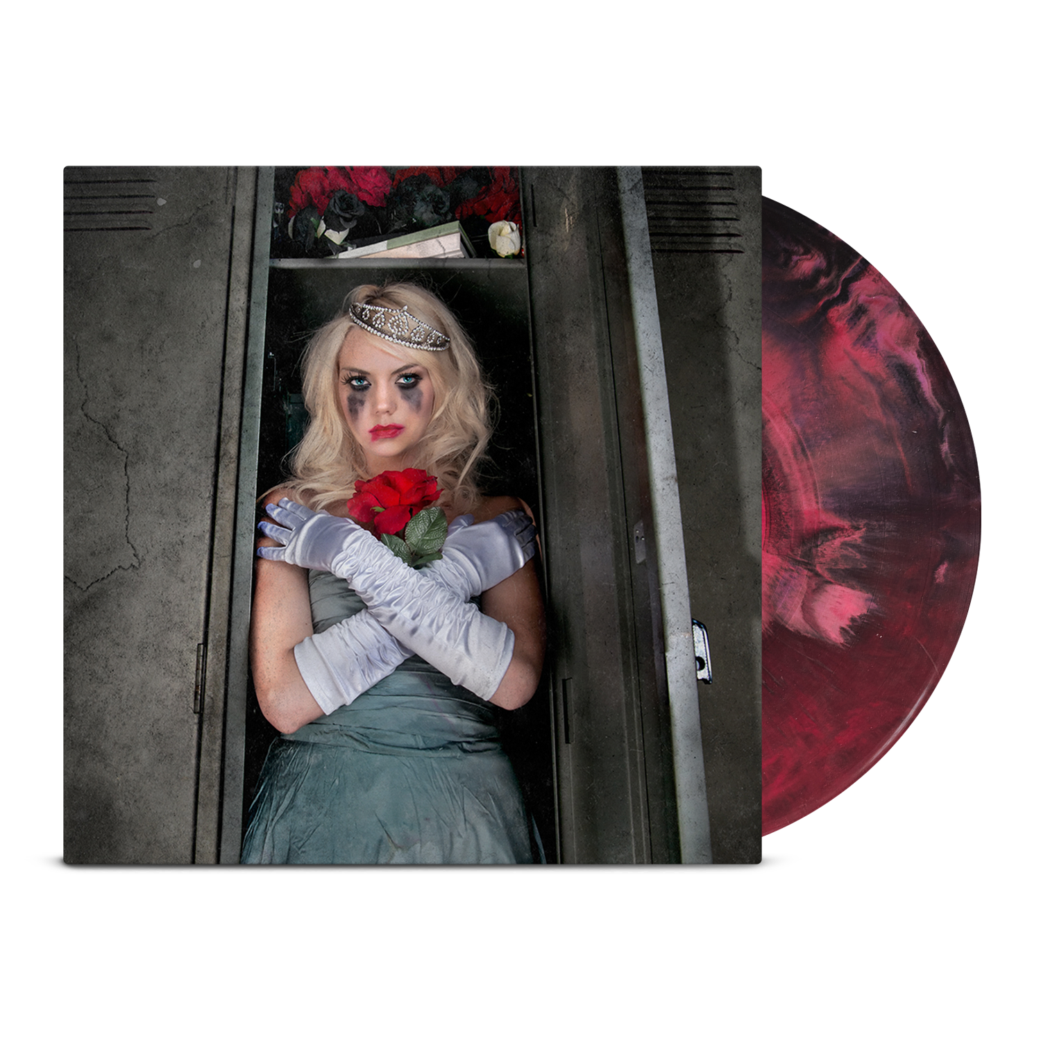 Falling in Reverse vinyl record, The Drug In Me Is You, with a cover featuring a person in a costume holding a red rose.