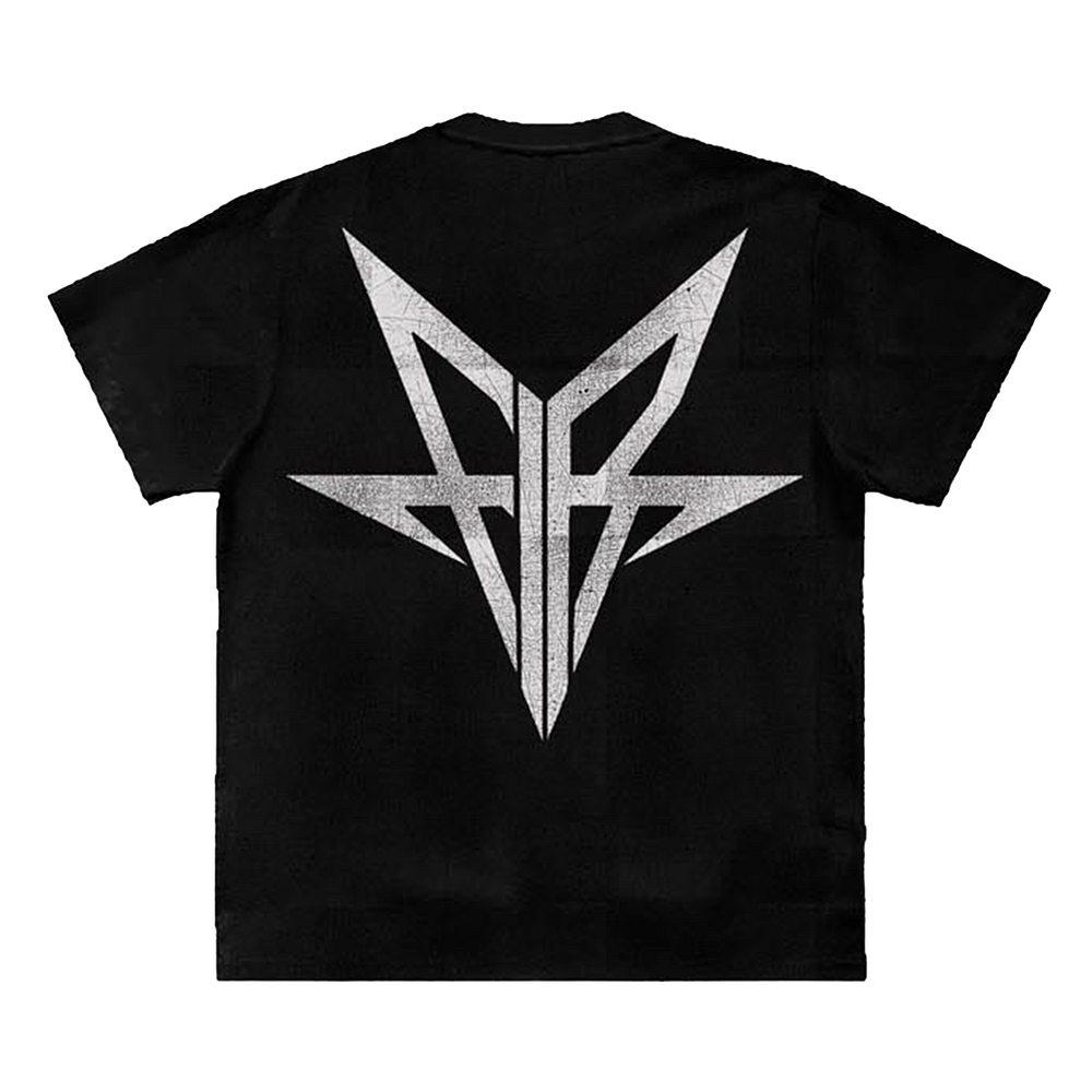 A classic black cotton tee shirt with custom Falling in Reverse artwork on the front and Falling in Reverse logo on the back.